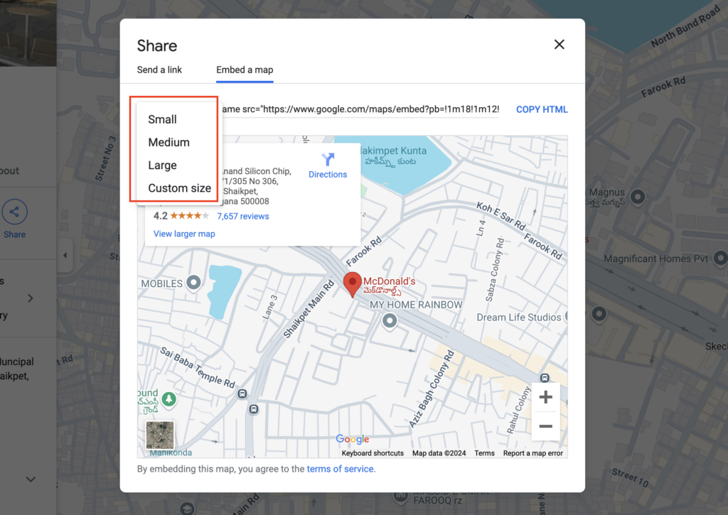 Google map embed size selection